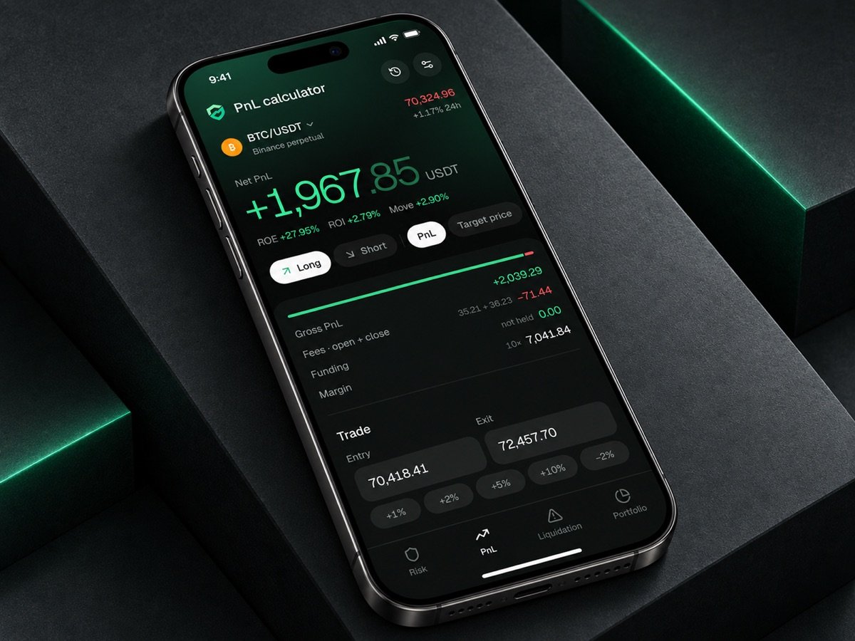 PnL calculator on an iPhone on dark blocks with green light