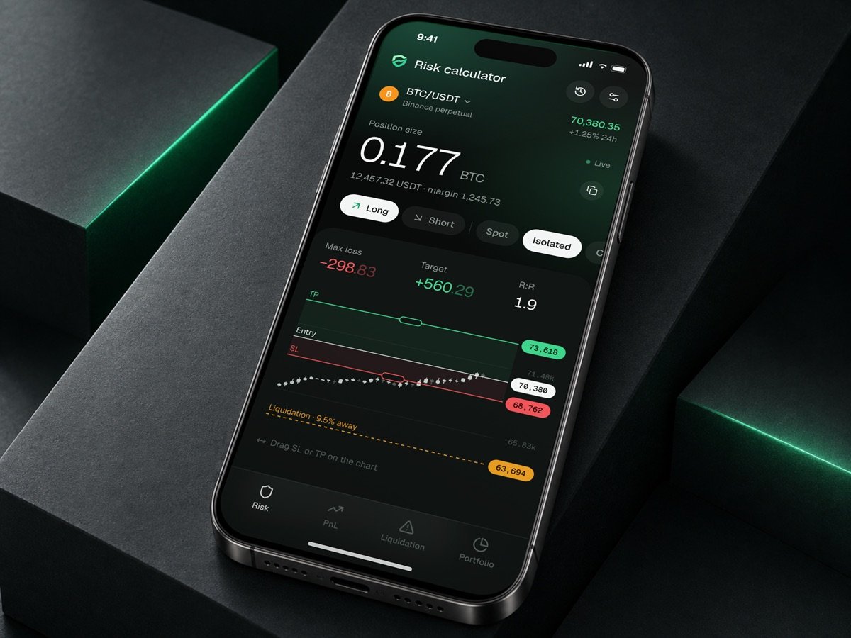 Crypto Risk risk calculator on an iPhone on dark blocks with green light